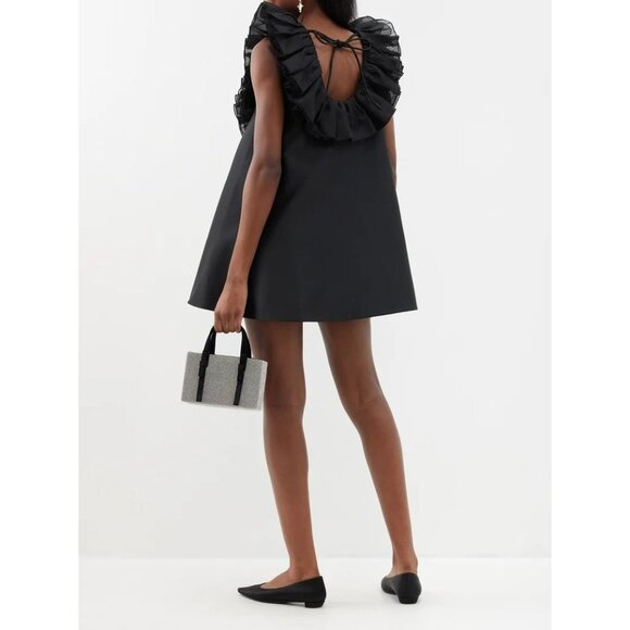 SHUSHU/TONG Black Duchess Satin Organza Ruffle U-Neck Mini Swing Dress, Size 4 - Picture 3 of 16